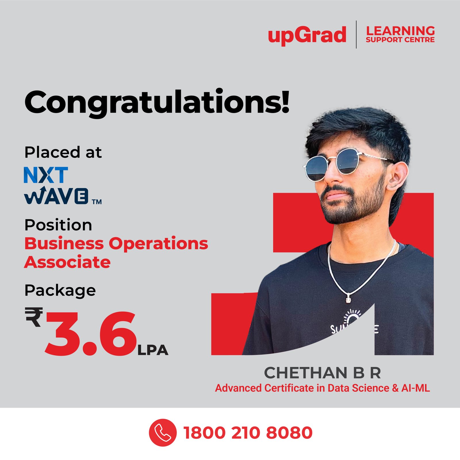 Chethan B R placed at NXTWave as a Business Operations Associate with a package of 3.6 LPA